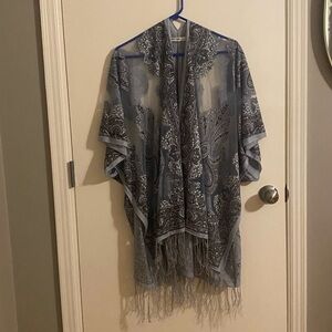 Origami by Vivien blue boho fringed shawl